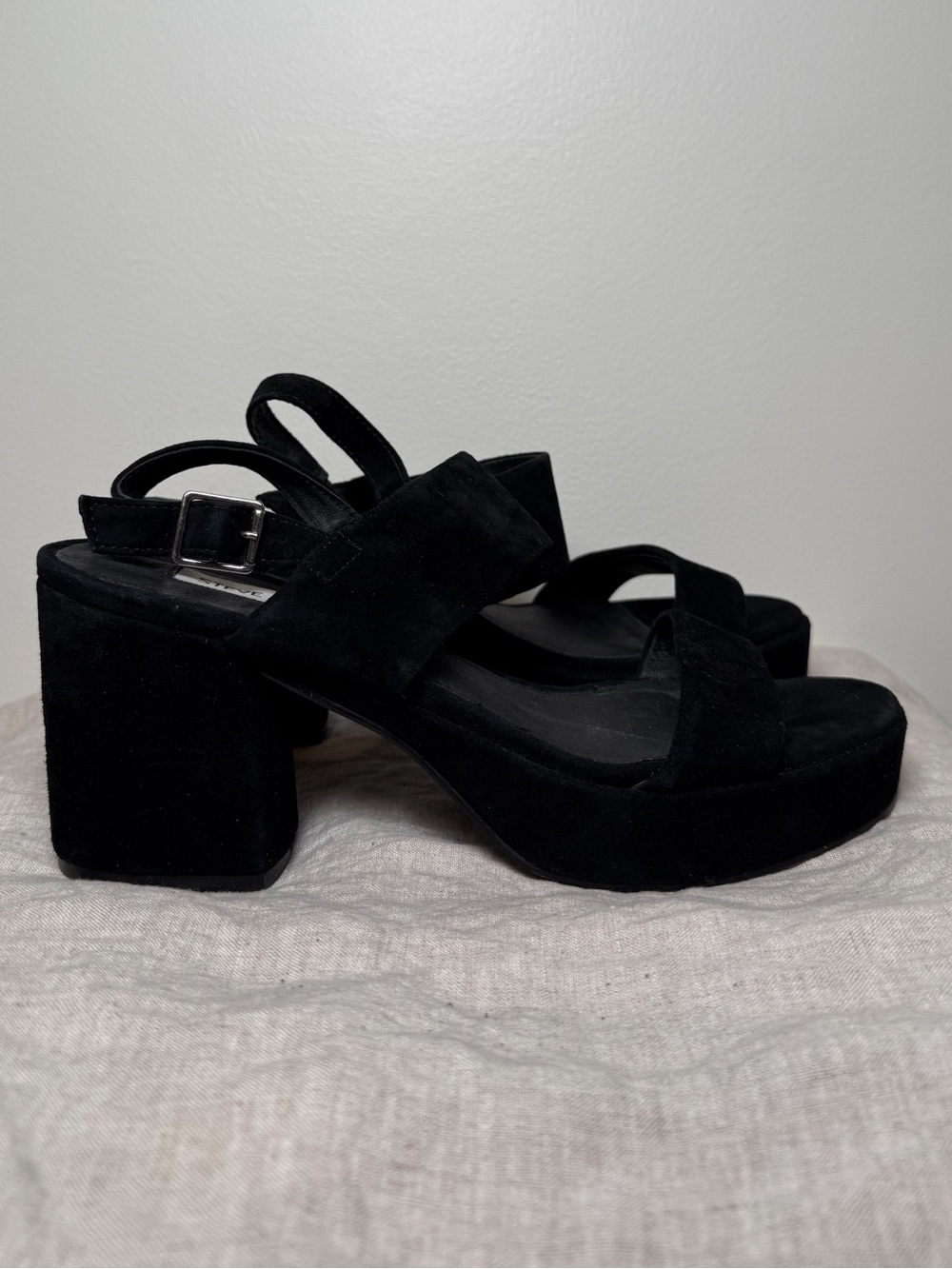 Steve Madden Reba Black Suede Two-Band Slingback Platform Heels - Picture 4 of 6